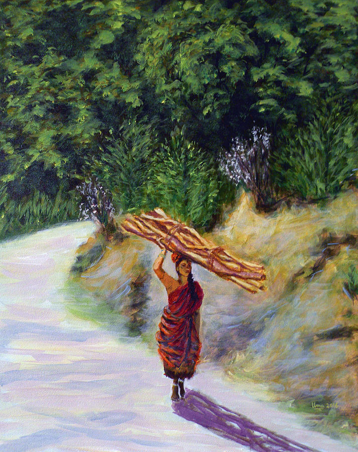 Woman carrying firewood Painting by Uma Krishnamoorthy