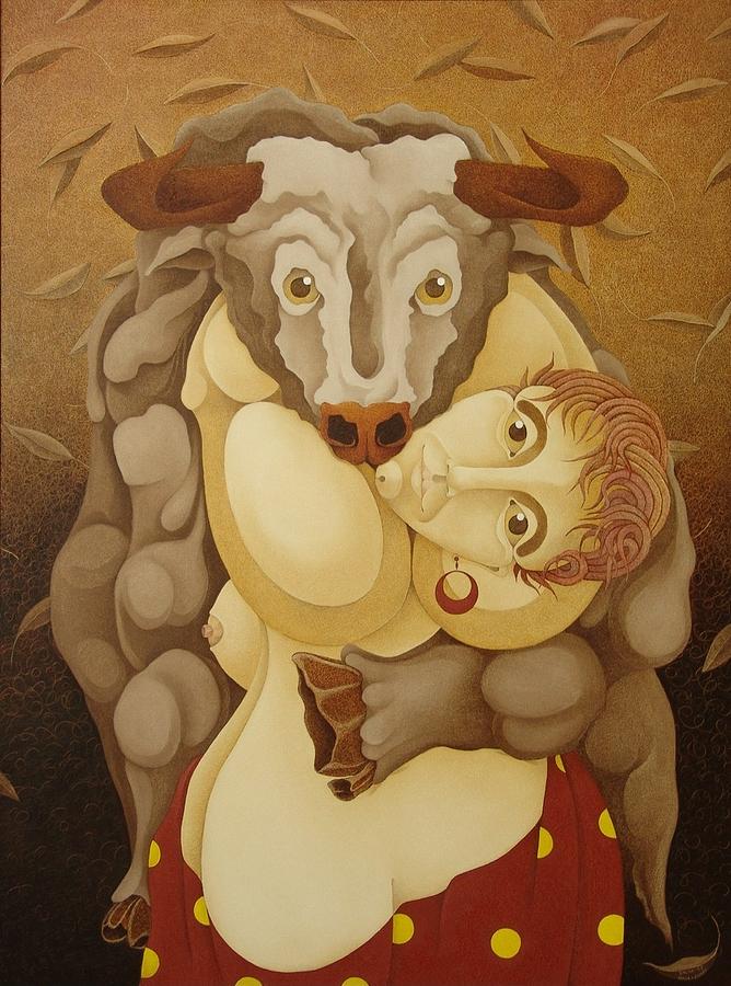 Sacha Painting - Woman Embracing Bull 2005 by S A C H A - Circulism Technique Sacha Painting - Woman Embracing Bull 2005 by S A C H A - Circulism Technique