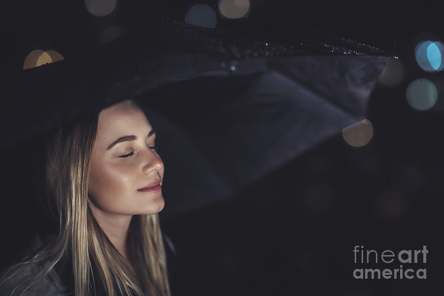 Woman enjoying rainy night Photograph by Anna Om
