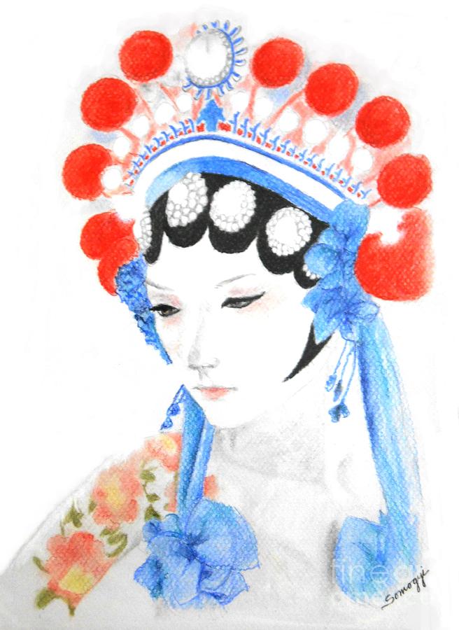 Woman from Chinese Opera with Tattoos -- the original -- Asian Woman Portrait Drawing by Jayne Somogy