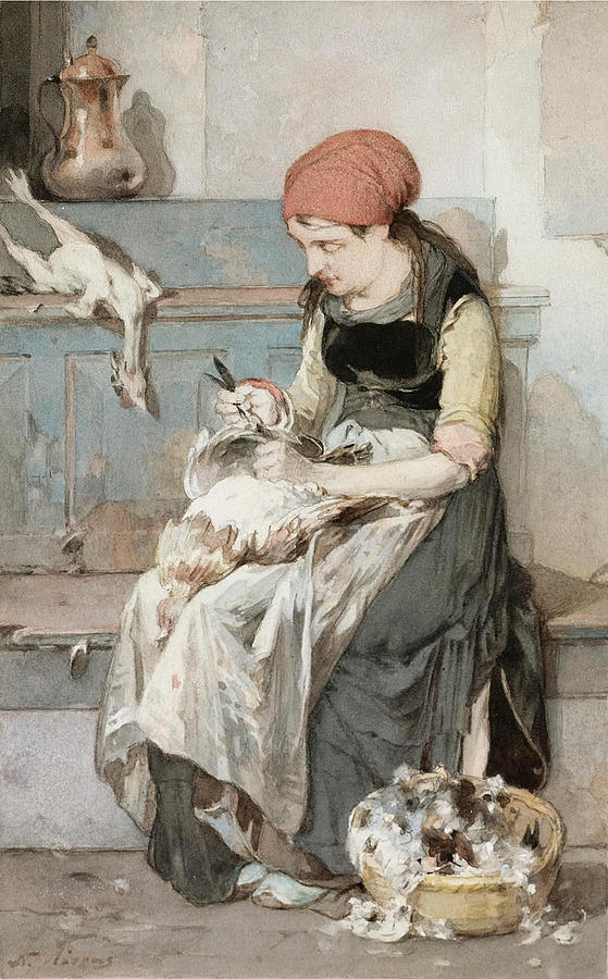 Woman from Psara plucking a Rooster Painting by Nikiforos Lytras