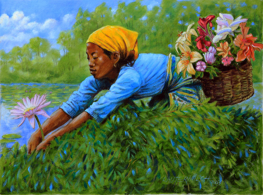 Woman Gathering Flowers Painting by John Lautermilch