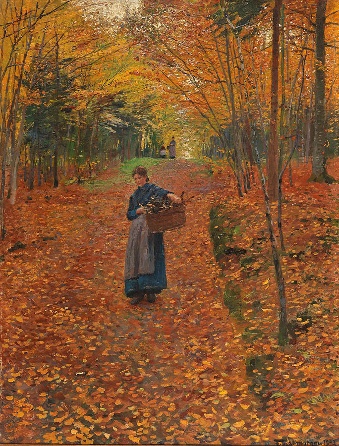 Woman Gathering Wood in an Autumn Wood Painting by Friedrich Kallmorgen