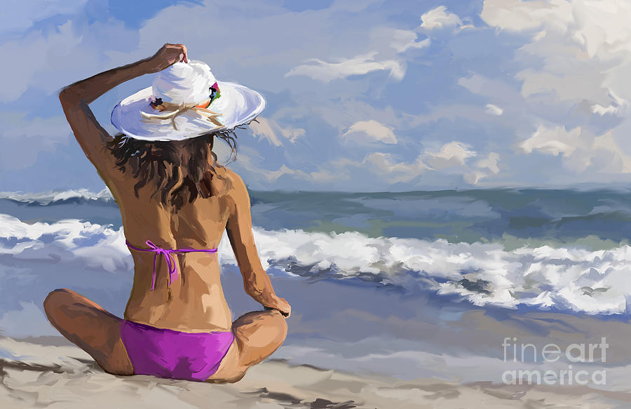 Woman Girl Sitting Sun Hat and Bikini on Beach Painting by Tim Gilliland