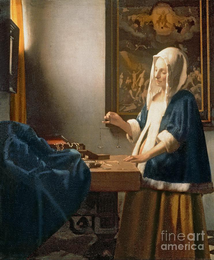 Woman Holding a Balance Painting by Jan Vermeer