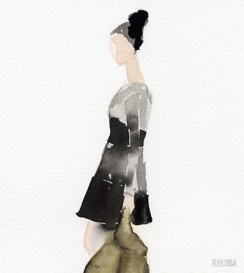 Fashion Painting - Woman in a Black and Gray Dress Fashion Illustration Art Print by Beverly Brown