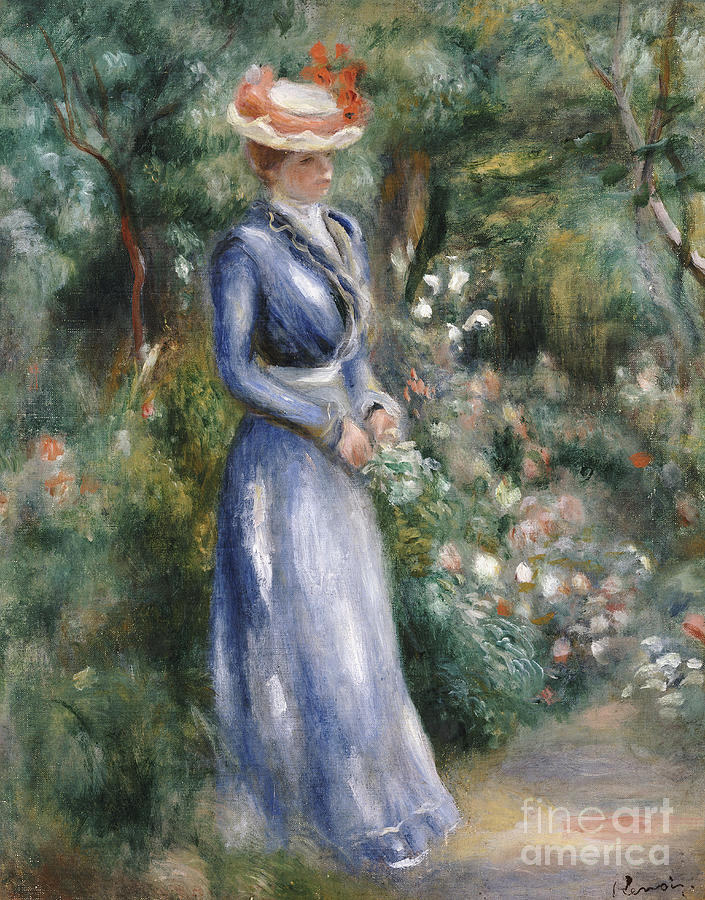 Woman in a Blue Dress Standing in the Garden at Saint-Cloud Painting by Pierre Auguste Renoir