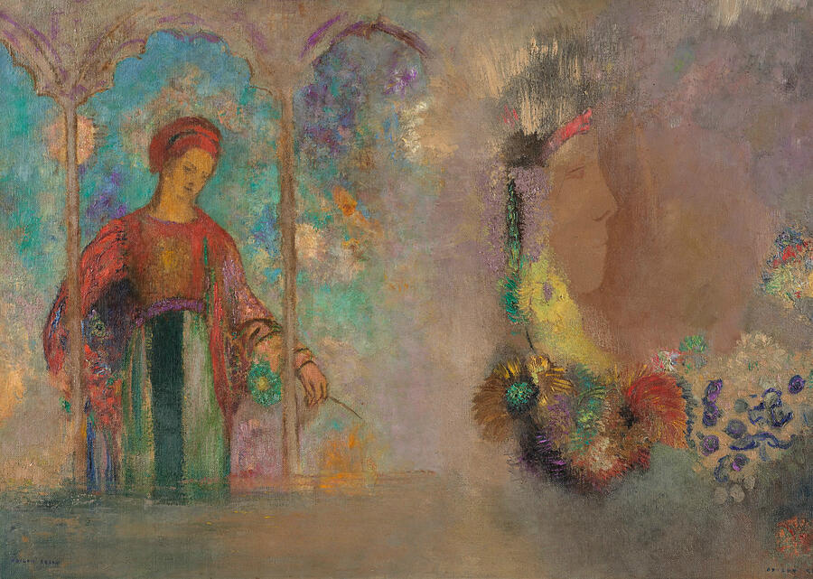 Woman in a gothic arcade #1 Painting by Odilon Redon