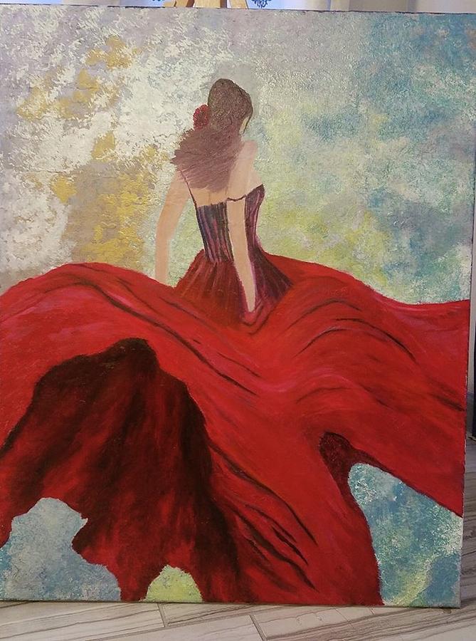 woman in red dress painting