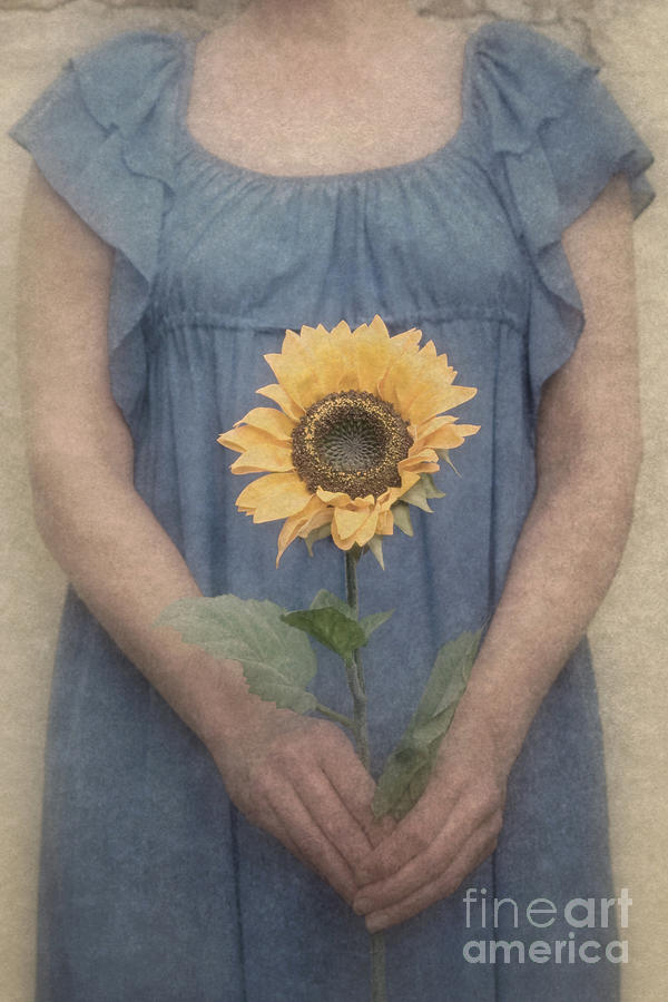Woman in blue dress holding sunflower Photograph by Clayton Bastiani