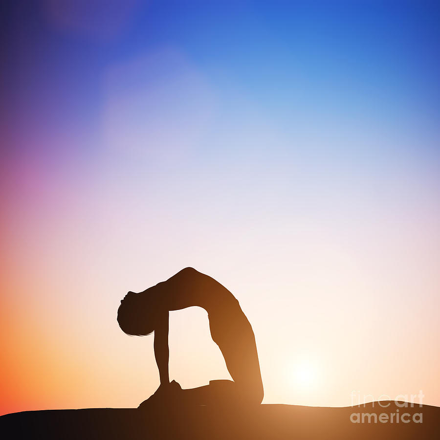 Yoga mukhaasana pose black silhouette on sunset background. Woman character  meditating in nature during sunrise, dawn. Stock Vector | Adobe Stock