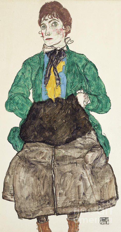 Woman in green blouse with muff Drawing by Egon Schiele