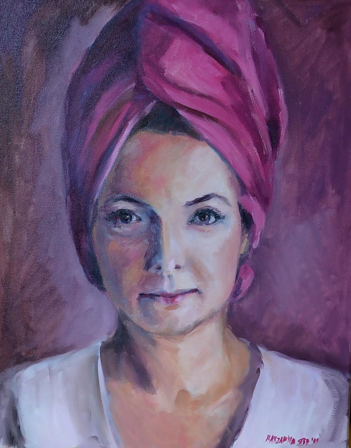 Woman in Magenta Turban Painting  by Marzanna Sabo