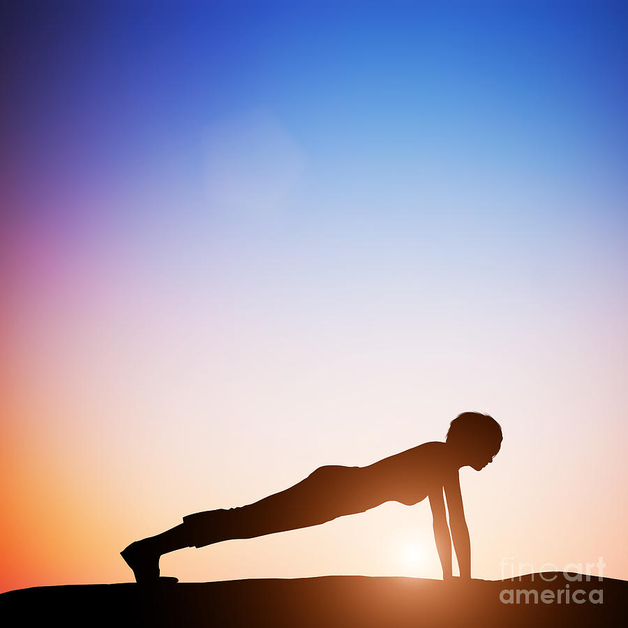 Sunset Photograph - Woman in plank yoga pose meditating at sunset by Michal Bednarek