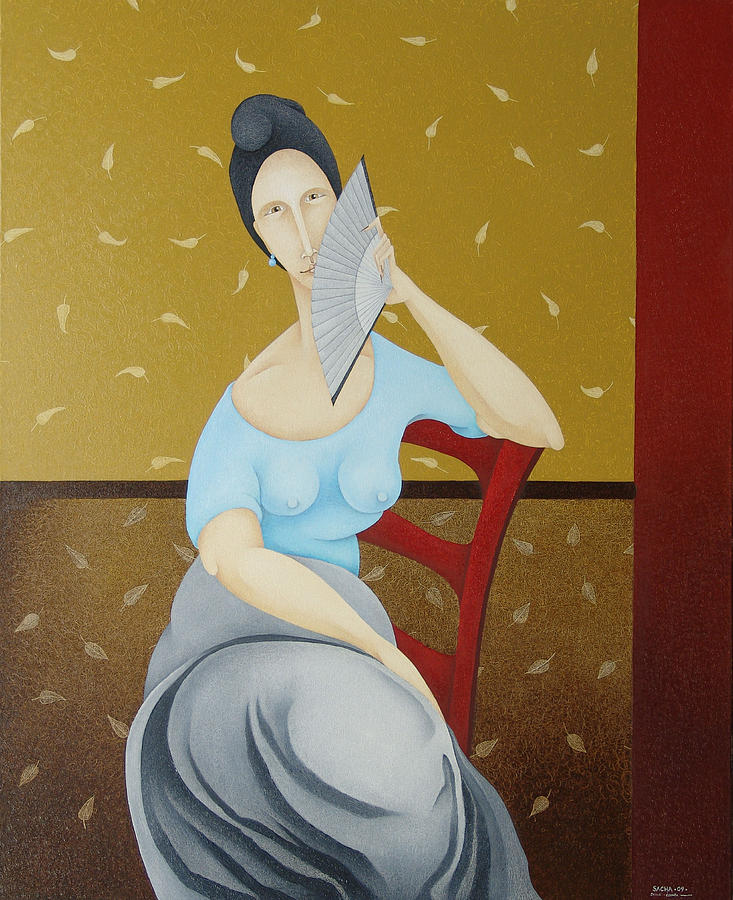 Sacha Circulism Painting - Woman in Red Chair with Grey Fan  2009 by S A C H A -  Circulism Technique