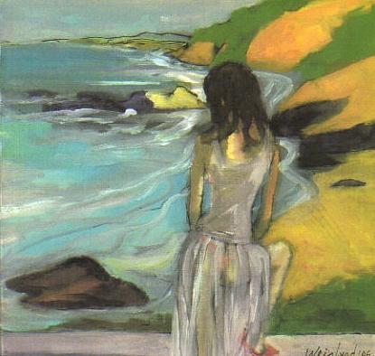 Seascape Painting - Woman in Sheer Dress with Red Bikini and Red Shoe by Harry  Weisburd
