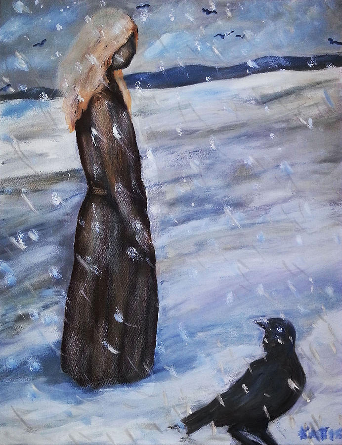 Woman in Snow with Crow Painting by Katt Yanda