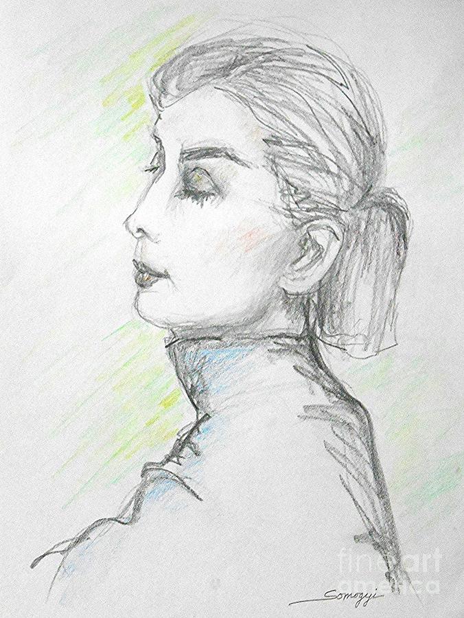 Woman in Turtleneck -- Portrait of Audrey Hepburn Drawing by Jayne Somogy