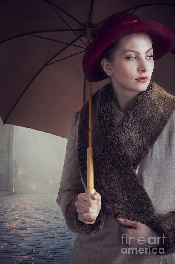 Woman In Vintage Coat, Hat And Umbrella Outside In Rain Photograph by Lee Avison