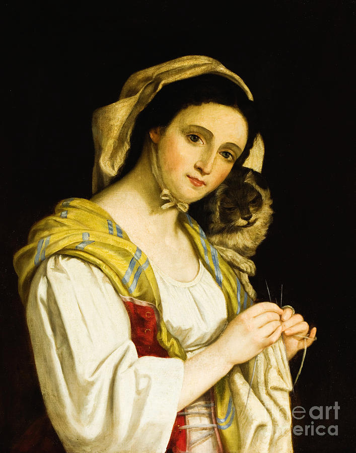 Woman Knitting with Cat Painting by Peter Ogden