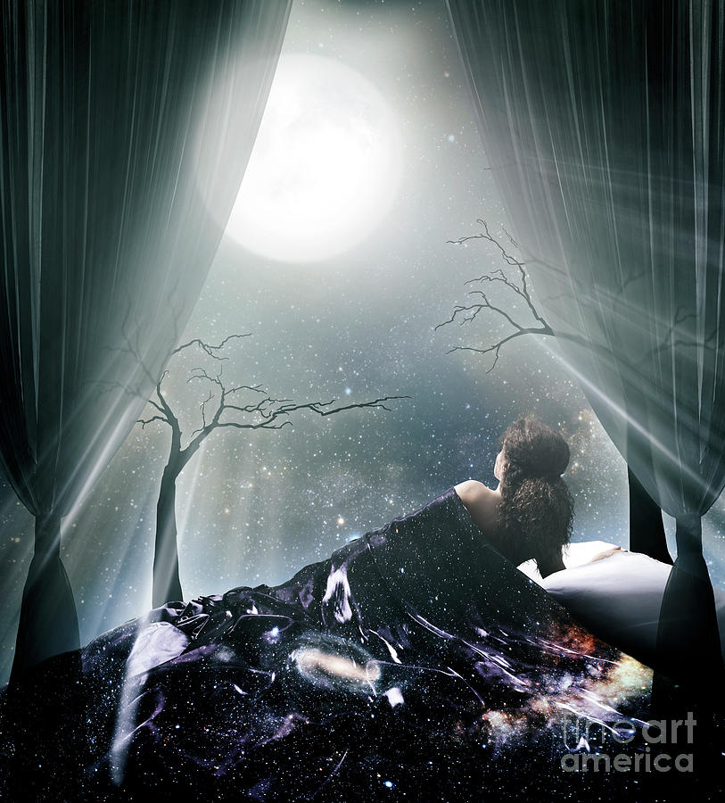 Woman Lying In Bed Under A Glowing Moon In The Night Sky Photograph By Awen Fine Art Prints