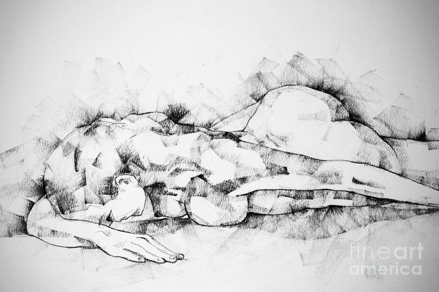 Charcoal Drawing - Woman Lying On The Floor Life drawing female figure by Dimitar Hristov