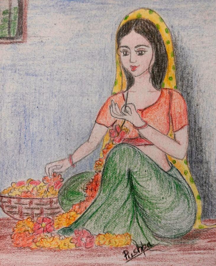 Flower Drawing - Woman making garland  by Pushpa Sharma