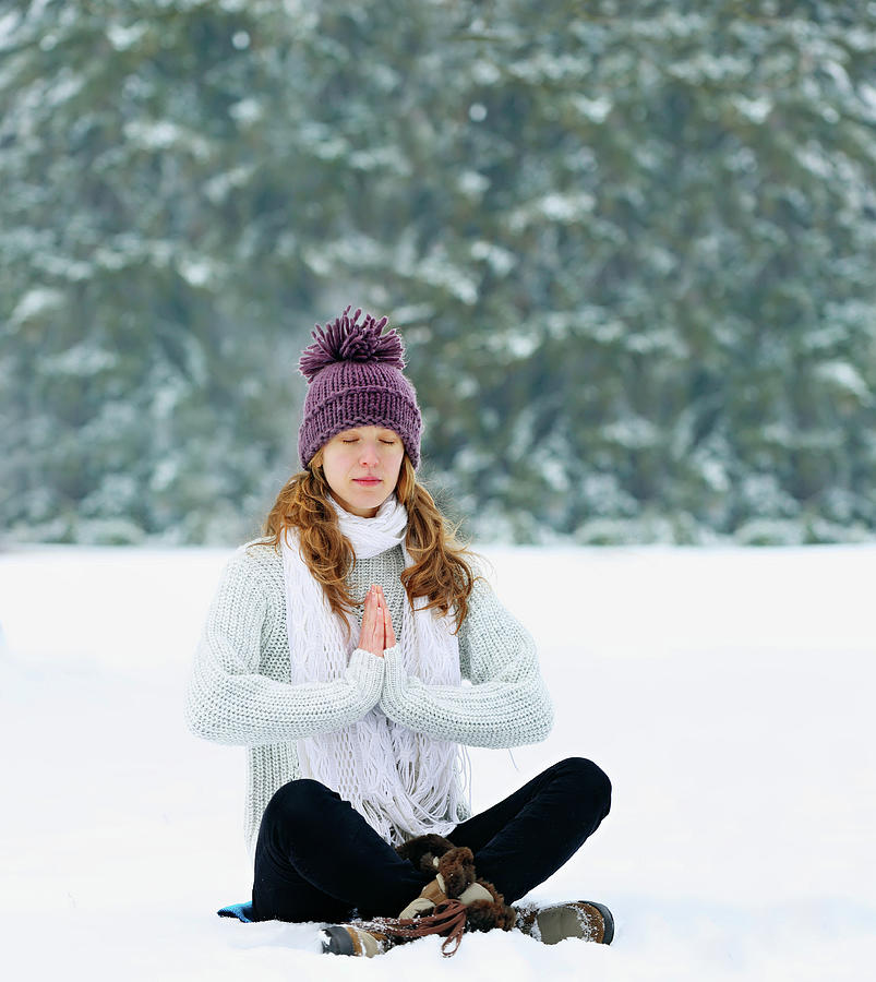 woman meditating in winter by Iuliia Malivanchuk Photograph by Iuliia Malivanchuk