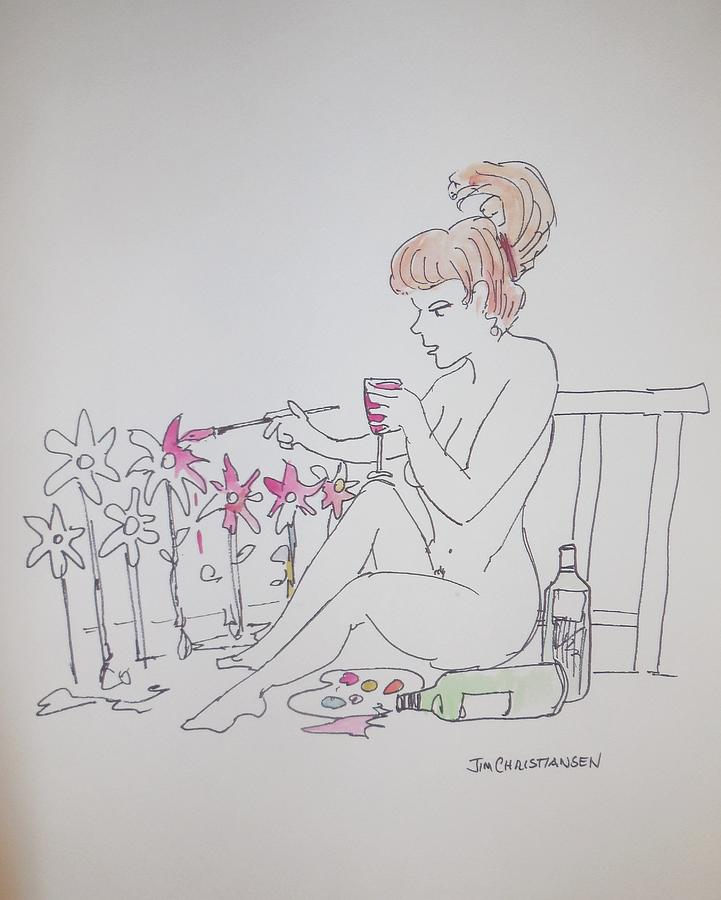 Woman Nakedly Painting Flowers drinking Wine Painting by James Christiansen
