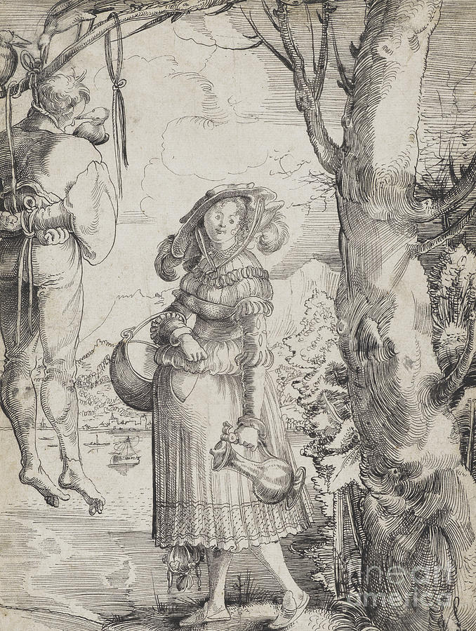 Gallows Drawing - Woman near hanged man, 1525 by Urs the elder Graf
