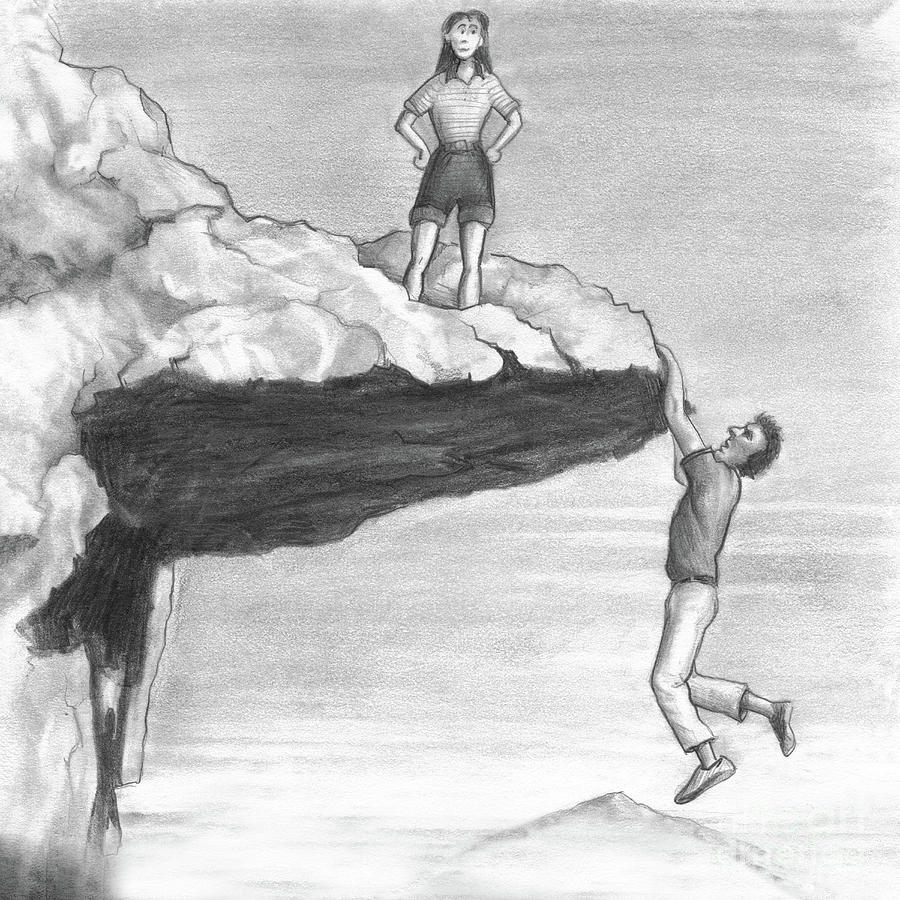 Woman on a Cliff with a Man Hanging from the Edge Drawing by Lee