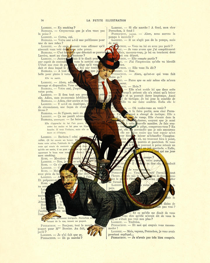Vintage Digital Art - Woman on bicycle riding over man by Madame Memento