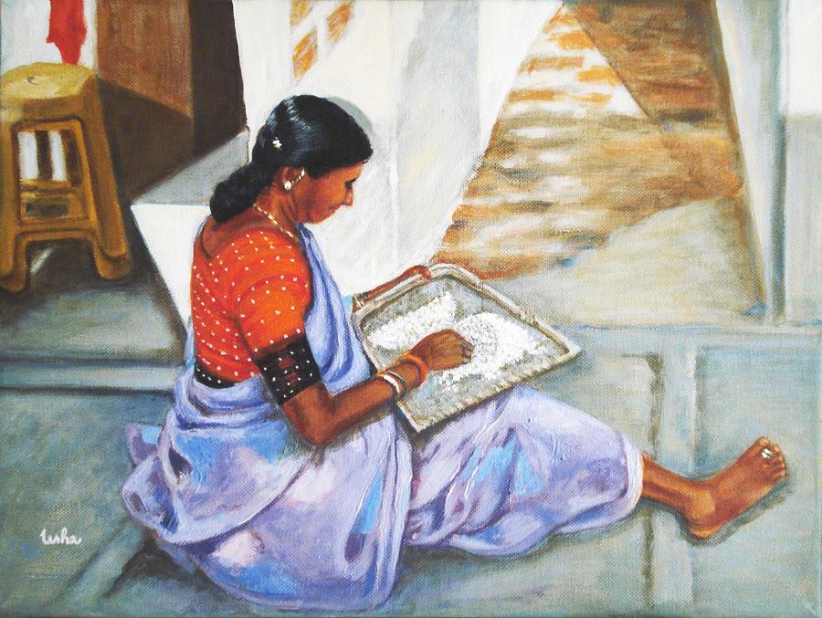 Usha Painting - Woman picking rice by Usha Shantharam