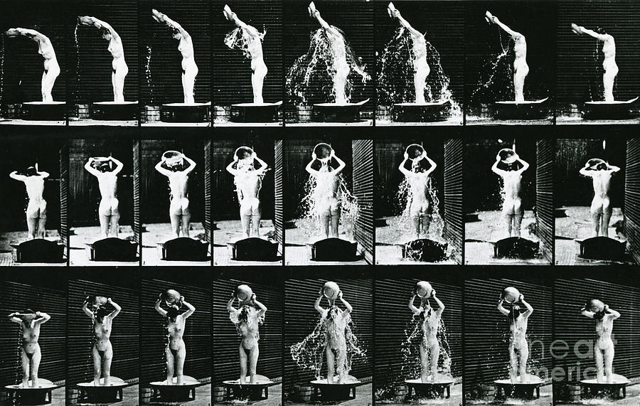 Black And White Photograph - Woman Pouring a Basin of Water over her Head by Eadweard Muybridge