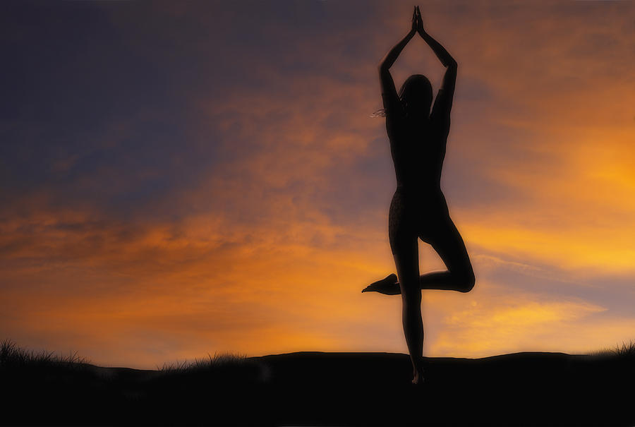 Sunset Photograph - Woman practising Yoga by Douglas Pulsipher