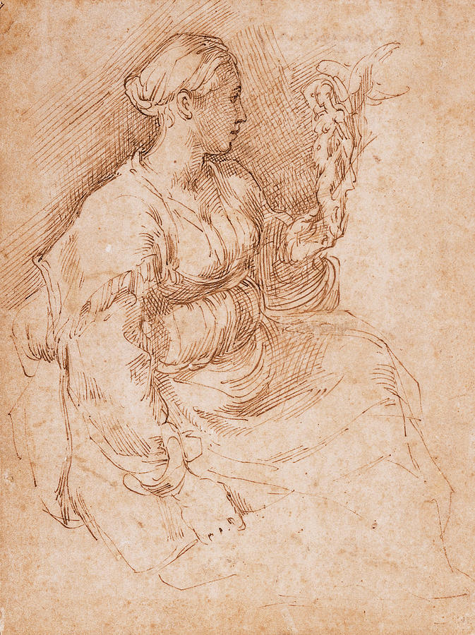 Woman Seated Holding a Statuette of Victory Drawing by Parmigianino