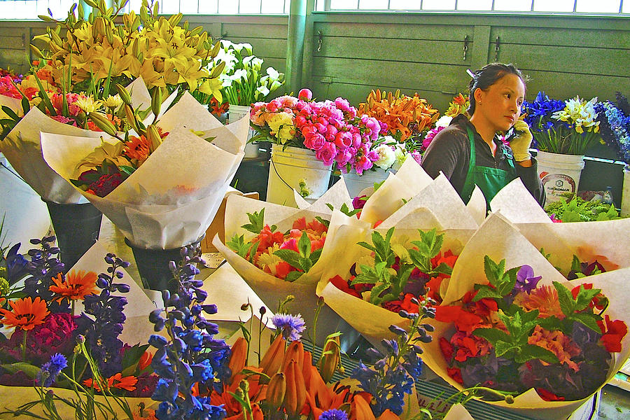 Woman Selling Flowers in Pike Street Market in Seattle, Washington Photograph by Ruth Hager