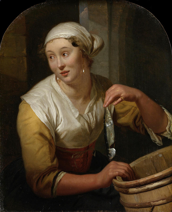Woman selling herring Painting by Godfried Schalcken