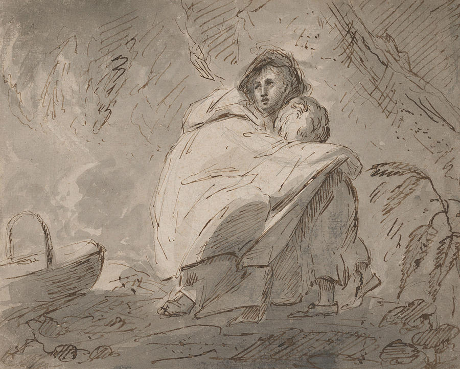 Woman Sheltering a Child in a Landscape Drawing by William Hamilton