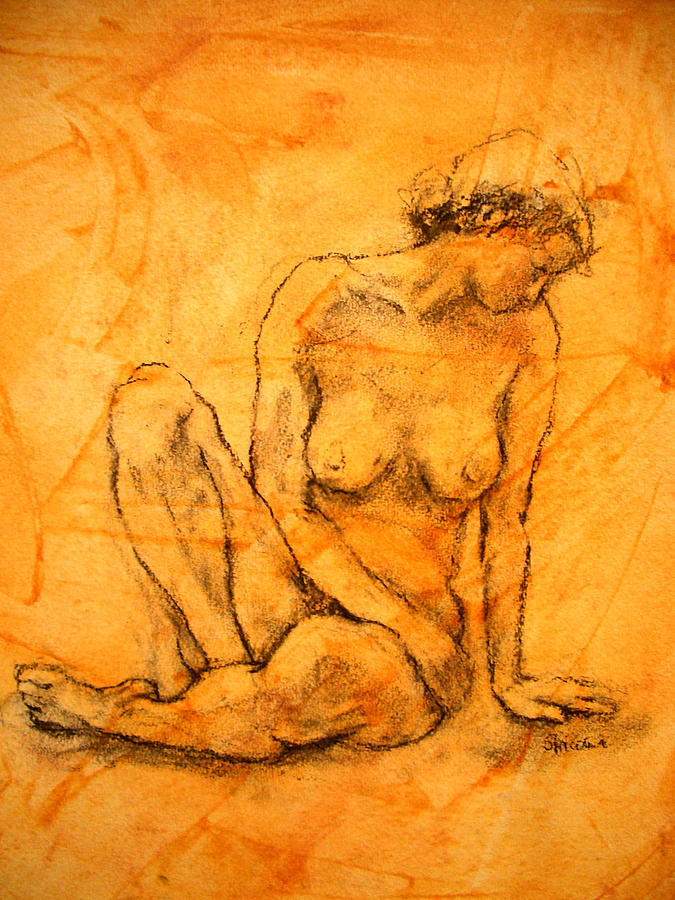 Woman sitting act. Drawing by Johannes Strieder