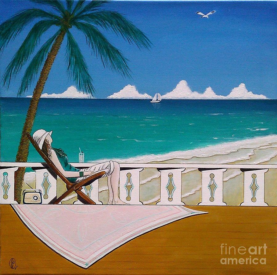 Woman Sitting in Deck Chair Basking in the Tropical View Painting by John Lyes