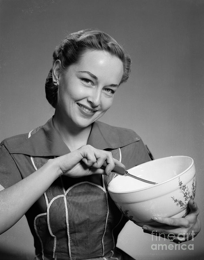 Woman Smiling With Mixing Bowl, C.1950s Photograph by H. Armstrong Roberts/ClassicStock