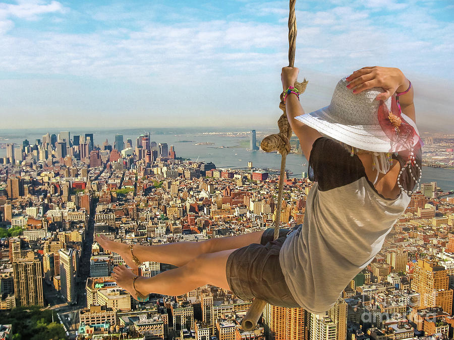 Woman Swinging Over New York Photograph
