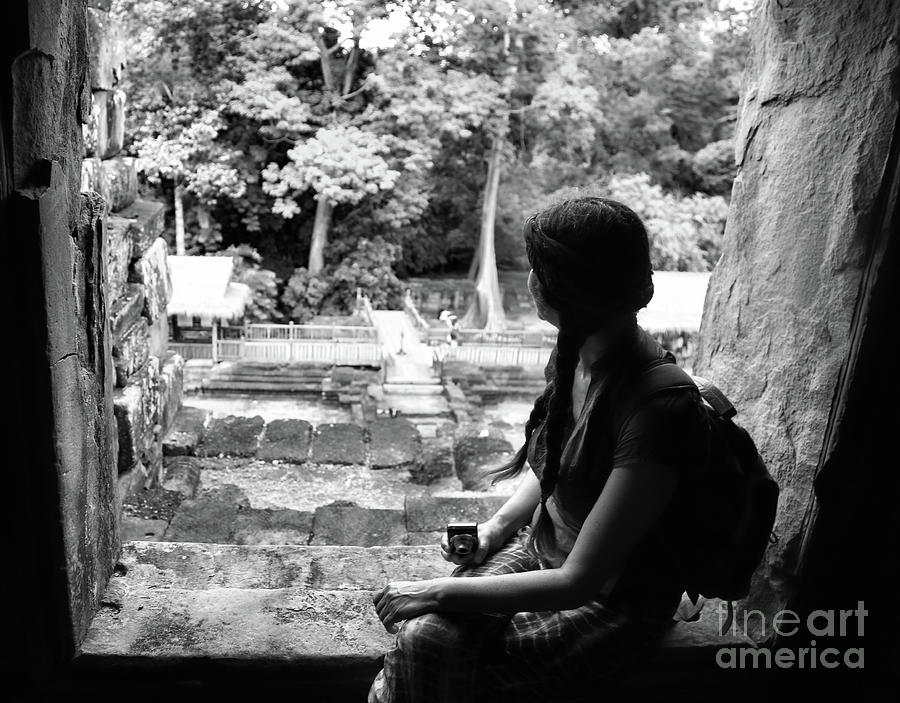 Woman Temple Views BW Photograph by Chuck Kuhn