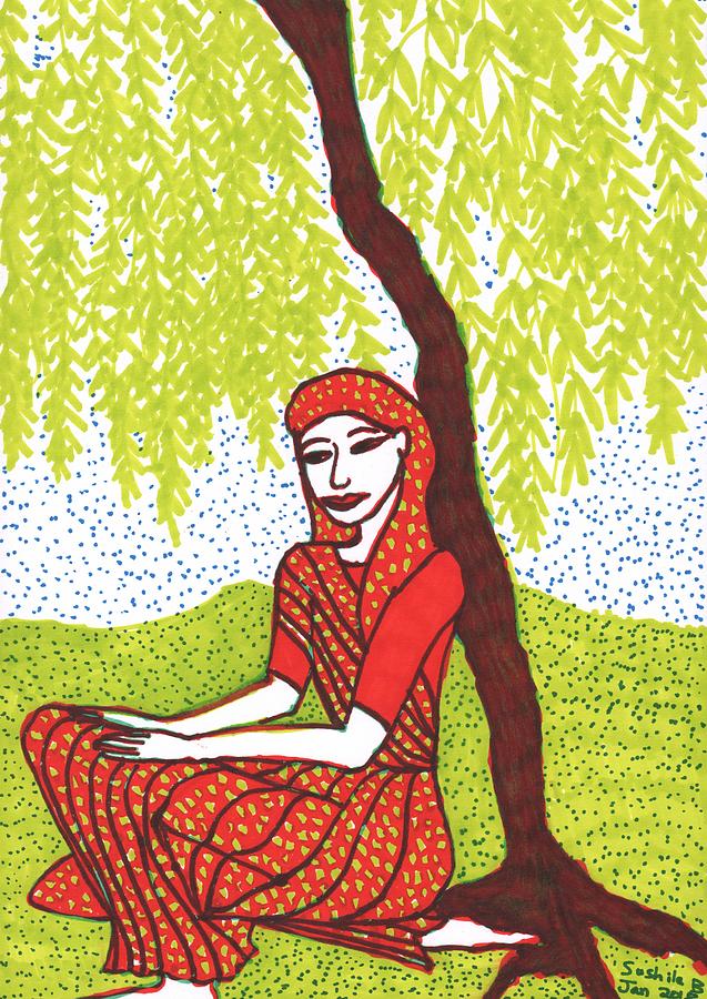 Indian Woman Drawing - Woman under Willow in progress 1 by Sushila Burgess Indian Woman Drawing - Woman under Willow in progress 1 by Sushila Burgess