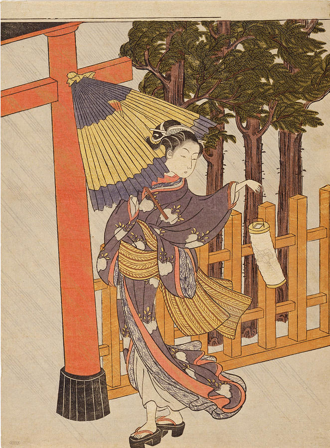 Woman Visiting the Shrine in the Night Painting by Suzuki Harunobu