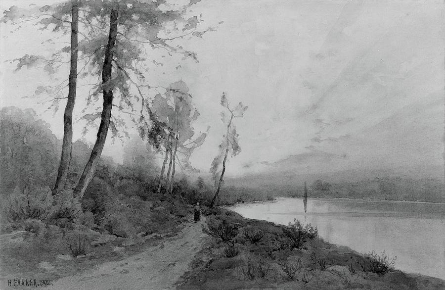 Woman Walking beside a River Painting by Henry Farrer