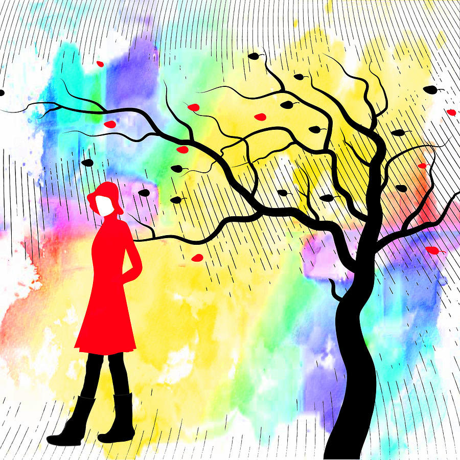 Woman Walking In Blustery Fall Rain With Colorful Watercolor Background Drawing by Serena King