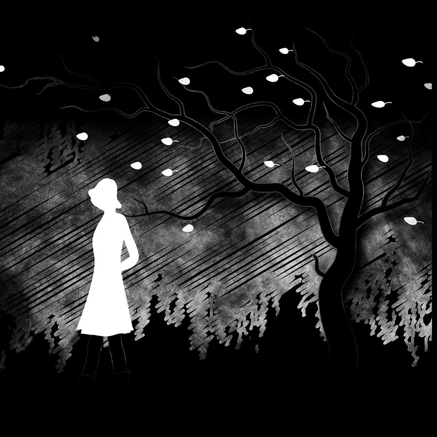 Woman Walking In Blustery Fall Scene - Black And White Drawing by Serena King