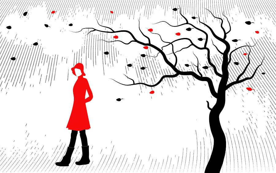 Woman Walking in Fall Scene Drawing by Serena King